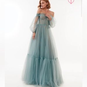 Milla Ocean Wave Sheer Sleeves Maxi Tulle Dress Evening gown lace up corset